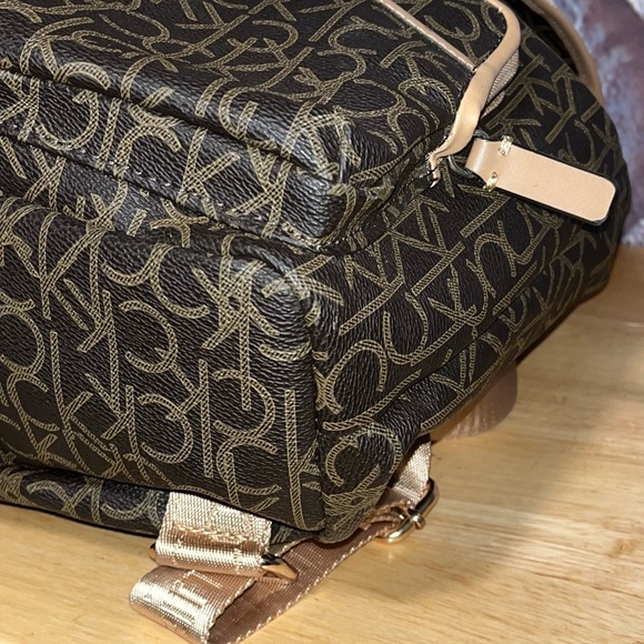 Calvin Klein Logo Monogram Brown Tan Adjustable Backpack Bag - Picture 8 of 14